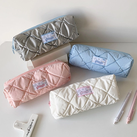 Trousse À Crayons Matelassée En Nylon Bouffant Sac De Rangement Pour Papeterie Grande Capacité Pochette Maquillage Style Coréen
