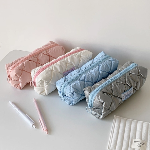 Trousse À Crayons Matelassée En Nylon Bouffant Sac De Rangement Pour Papeterie Grande Capacité Pochette Maquillage Style Coréen