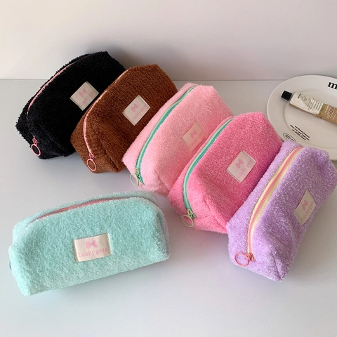Astuccio in Peluche Tinta Unita Borsa Porta Cancelleria Grande Capacità Morbido Organizer Trucco per Scuola Ragazze Studenti
