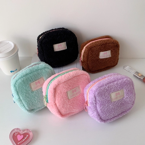 Portable Plush Solid Color Square Storage Bag For Women Small Makeup Pouch Coin Purse Earphone Organizer Travel Cosmetic Case