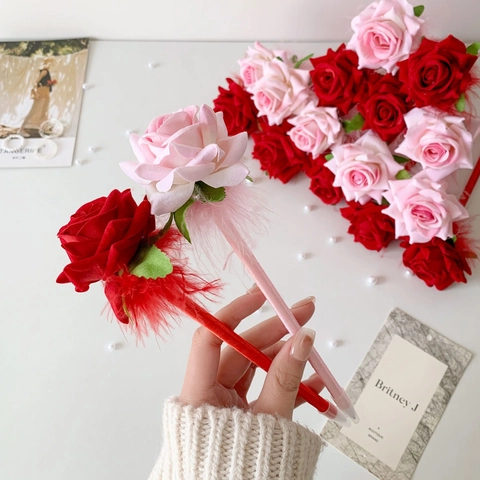 Bolígrafo Creativo de Flor de Rosa Artificial y Pluma Elegante Cinta de Satén Tinta Negra para Regalo de San Valentín Boda Fiesta