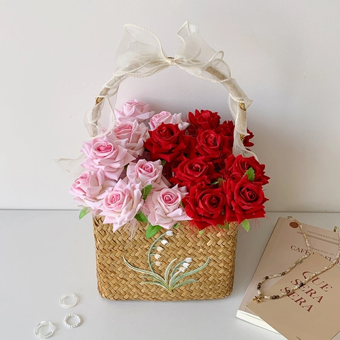 Bolígrafo Creativo de Flor de Rosa Artificial y Pluma Elegante Cinta de Satén Tinta Negra para Regalo de San Valentín Boda Fiesta