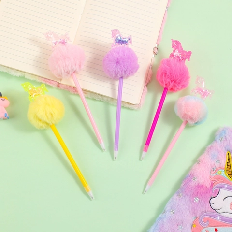 Unicorn Pom Pom Ballpoint Pen Sequins Glitter Cute Cartoon Faux Fur Stationery School Gift For Students