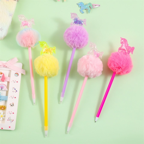 Unicorn Pom Pom Ballpoint Pen Sequins Glitter Cute Cartoon Faux Fur Stationery School Gift For Students