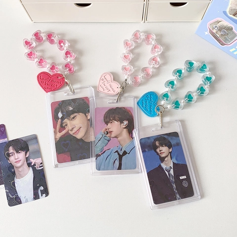 Acryl Transparent Kartenhalter Mit Herz Perlen Lanyard Sweet Love Anhänger Für Ausweise Fotokarten Studenten Schmuck