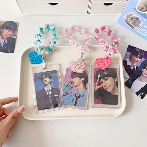 Transparenter Acryl Kartenhalter Herz Perlen Schlüsselanhänger Süße Fotokarten Hülle Schutz Für Mädchen K-pop Fans