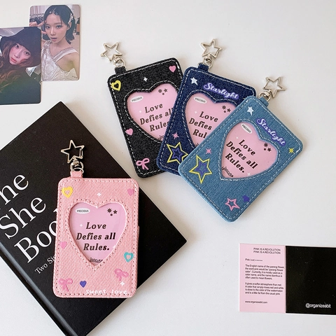 Denim Heart Cutout Photocard Holder Star Clasp Kpop Idol ID Bus Card Sleeve Bag Pendant For Girls