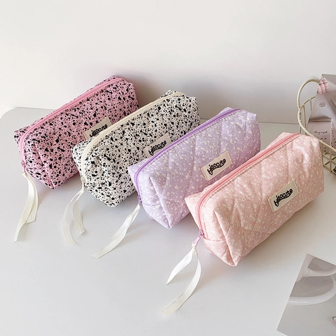 Korean Style Quilted Fabric Pencil Case Large Capacity Makeup Bag With Ribbon Puller Splatter Pattern Stationery Storage Bag