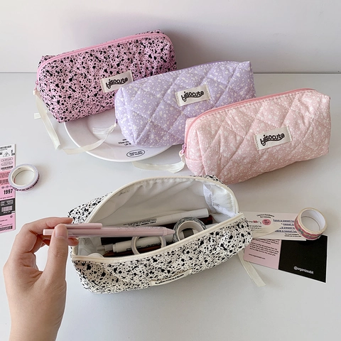 Korean Style Quilted Fabric Pencil Case Large Capacity Makeup Bag With Ribbon Puller Splatter Pattern Stationery Storage Bag