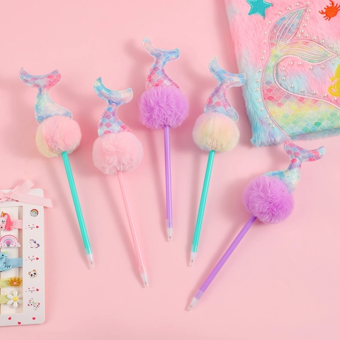 Zeemeermin Staart Balpen Met Pluche Pom Pom Lovertjes Decoratief Plastic Novelty Briefpapier Voor Student Cadeau