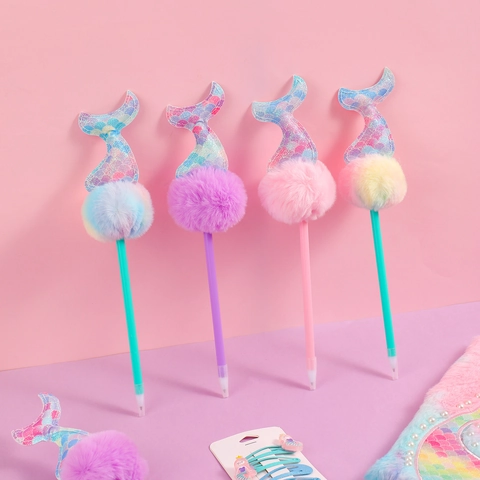 Zeemeermin Staart Balpen Met Pluche Pom Pom Lovertjes Decoratief Plastic Novelty Briefpapier Voor Student Cadeau