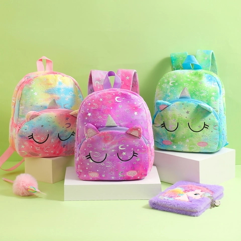 Kids Plush Unicorn Backpack Tie Dye Gradient Silver Star Moon Pattern Cartoon Schoolbag For Toddler Girls Kindergarten