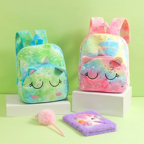 Kids Plush Unicorn Backpack Tie Dye Gradient Silver Star Moon Pattern Cartoon Schoolbag For Toddler Girls Kindergarten