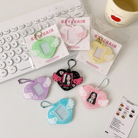 Heart Shaped Photo Card Holder Keychain Acrylic Angel Wings Glitter Idol Photocard Protector For Bag Student Cute
