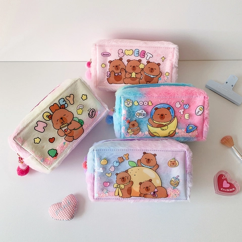 Trousse À Crayons En Peluche Kawaii Grande Capacité Ours Dessin Animé Fenêtre PVC Paillettes Sac Cosmétique Dégradé Pochette Papeterie Douce Pour Filles Étudiants