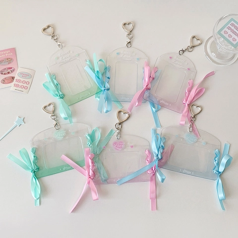 Transparent Glitter Idol Photo Card Holder With Heart Keychain Ribbon Bow PVC Kpop Photocard Sleeve For ID Cards Display Pendant