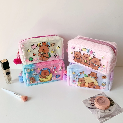 Trousse À Crayons En Peluche Kawaii Grande Capacité Ours Dessin Animé Fenêtre PVC Paillettes Sac Cosmétique Dégradé Pochette Papeterie Douce Pour Filles Étudiants