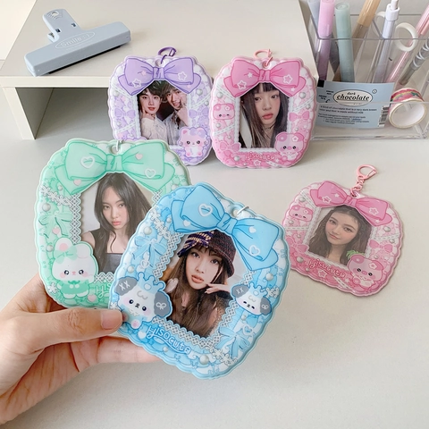 Cute Bowknot PVC Photocard Holder Korean Style Lace Cartoon Animal Idol Photo Card Protector Keychain For Girls Students