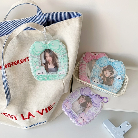 Cute Bowknot PVC Photocard Holder Korean Style Lace Cartoon Animal Idol Photo Card Protector Keychain For Girls Students