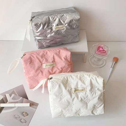 Butterfly Quilted Makeup Bag Polyester Large Capacity Cosmetic Pouch For Travel Daily Storage Solid Color Ribbon Zipper Pull
