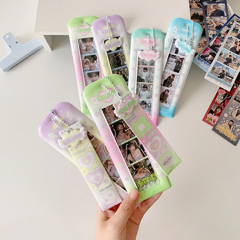 Sweet Gradient PVC Four Cut Photocard Holder With Cloud Heart Pendant Bead Chain Portable Card Protector For Students Fans