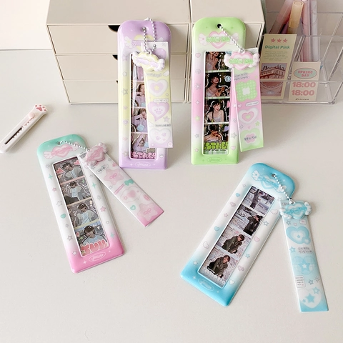 Porte-Carte Photo En PVC Style Coréen Dégradé Doux Ange Cœur Évidé Étui À Cartes Avec Porte-Clés À Chaîne À Billes