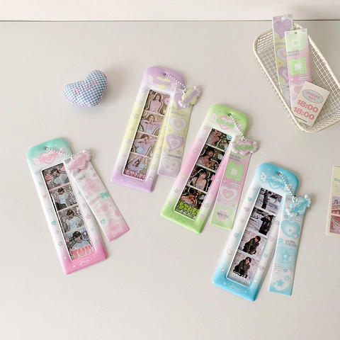Porte-Carte Photo En PVC Style Coréen Dégradé Doux Ange Cœur Évidé Étui À Cartes Avec Porte-Clés À Chaîne À Billes