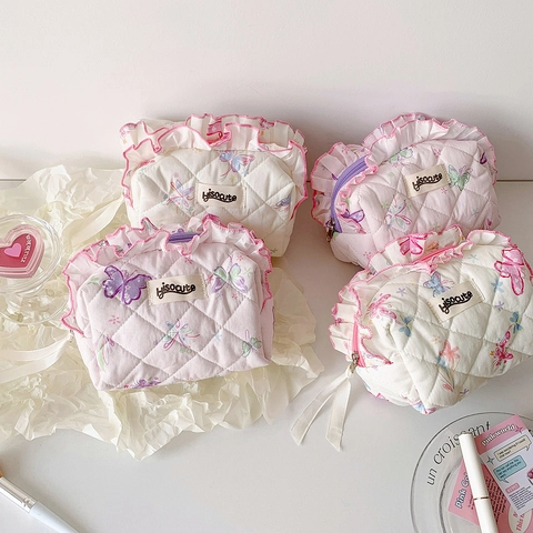 Schmetterling Druck Gesteppte Baumwolle Kosmetiktasche Mit Rüschen Detail Große Kapazität Süße Make-up Tasche Für Frauen Mädchen