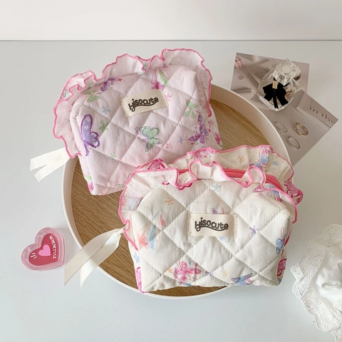 Gesteppte Baumwolle Schmetterling Druck Kosmetiktasche Rüschen Kante Make Up Organizer Tragbare Kulturbeutel Für Damen Reise