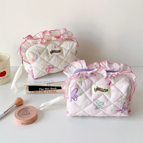 Doorgestikte Cosmetische Tas met Vlinderprint Ruffle Rand Make-up Pouch Grote Capaciteit Esthetische Etui voor Dames