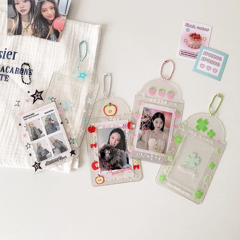 Transparenter Glitzer Fotokartenhalter Mit Bunter Kugelkette PVC Acryl Kartenschutzhülle Für Idol Fotos Sterne Klee Muster