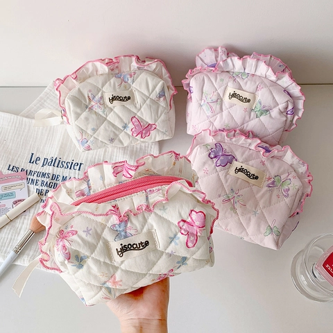 Schmetterling Druck Gesteppte Baumwolle Kosmetiktasche Mit Rüschen Detail Große Kapazität Süße Make-up Tasche Für Frauen Mädchen