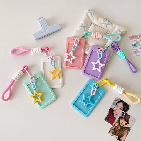 Candy Color Schiebedeckel Kartenhalter Kunststoff Abzeichenschutz Mit Geflochtenem Lanyard Sternanhänger Für Studenten ID Fotodisplay