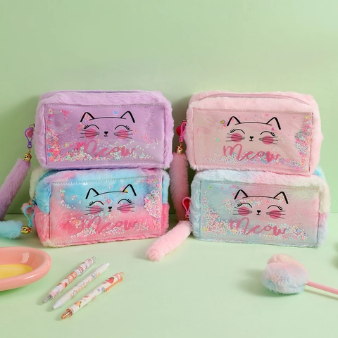 Plush Cat Makeup Bag For Kids Girls Cute Cartoon Pencil Case With PVC Sequins Glitter Tail Tassel Bell Pouch