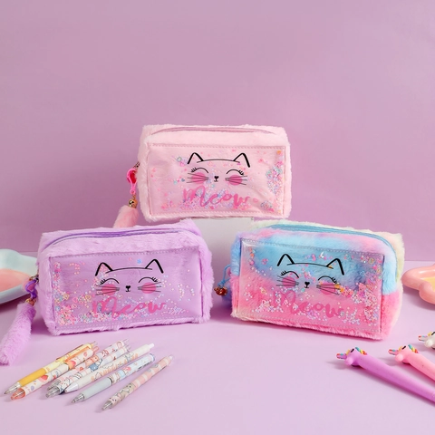 Plush Cat Makeup Bag For Kids Girls Cute Cartoon Pencil Case With PVC Sequins Glitter Tail Tassel Bell Pouch