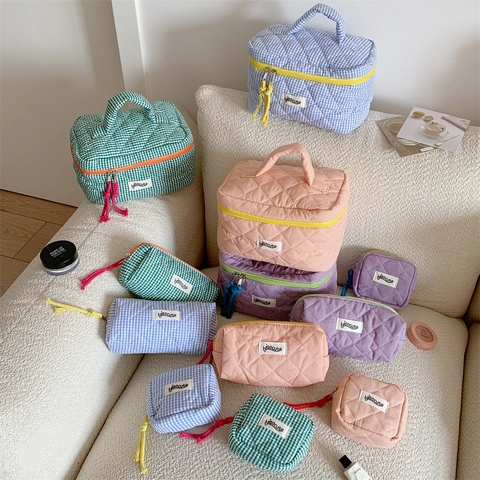Borsa Per Cosmici Gingham Trapuntata Grande Capacità Organizer Trucco In Cotone Beauty Case Da Viaggio Per Donne