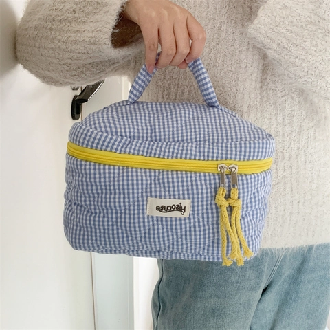 Μεγάλη Χωρητικότητα Καπιτονέ Gingham Τσάντα Καλλυντικών Ύφασμα Ταξίδι Φορητή Είδη Υγιεινής Πλύσιμο Μακιγιάζ Αποθήκευση Τσάντα