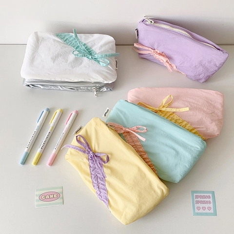 Estuche de Poliéster Plisado de Gran Capacidad Color Sólido Con Lazo y Cordón Bolsa de Almacenamiento de Papelería Estudiantil