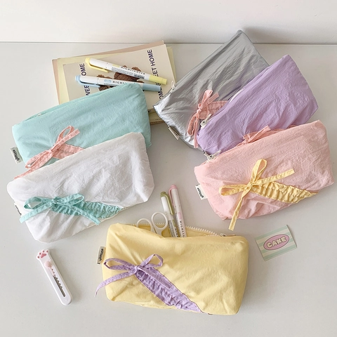Estuche de Poliéster Plisado de Gran Capacidad Color Sólido Con Lazo y Cordón Bolsa de Almacenamiento de Papelería Estudiantil