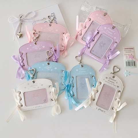 Süßer Bandbogen PU Leder Fotokartenhalter Mit Herz Metallhaken Kawaii ID Kartenhülle Für Schüler Mädchen Idol Karten