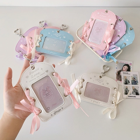 Süßer Bandbogen PU Leder Fotokartenhalter Mit Herz Metallhaken Kawaii ID Kartenhülle Für Schüler Mädchen Idol Karten
