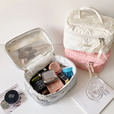 Trousse De Maquillage Matelassée Motif Nœud Organisateur De Toilette Grande Capacité Poignée Portable Ruban Fermeture Éclair Voyage