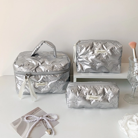 Trousse De Maquillage Matelassée Motif Nœud Organisateur De Toilette Grande Capacité Poignée Portable Ruban Fermeture Éclair Voyage