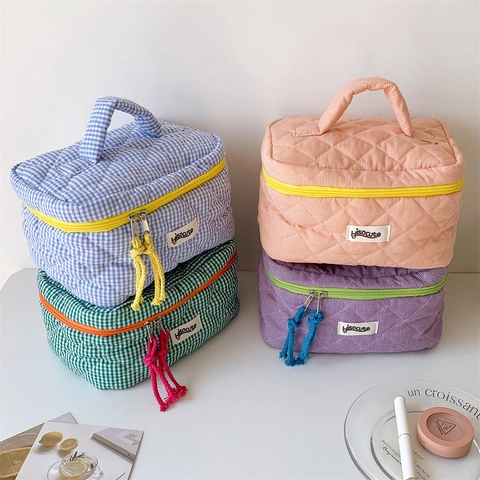 Borsa Per Cosmici Gingham Trapuntata Grande Capacità Organizer Trucco In Cotone Beauty Case Da Viaggio Per Donne