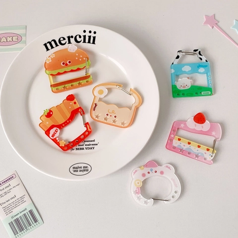 Kawaii Cartoon Acrylic Carabiner Keychain Food Burger Fries Cake Toast Bear Shape Bag Pendant For Backpack Charm Student Gift