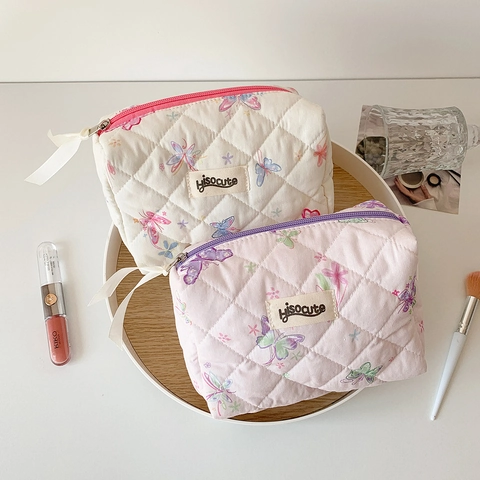 Trousse De Maquillage En Coton Matelassé Imprimé Papillon Détail Ruban Fermeture Éclair Pochette Cosmétique Voyage Organisateur Style Doux