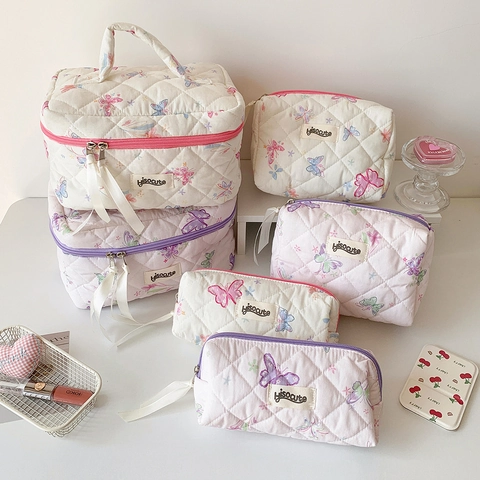 Gesteppte Kosmetiktasche Schmetterlingsdruck Polyester Tragbare Große Kapazität Toilettenartikel Organizer Beutel