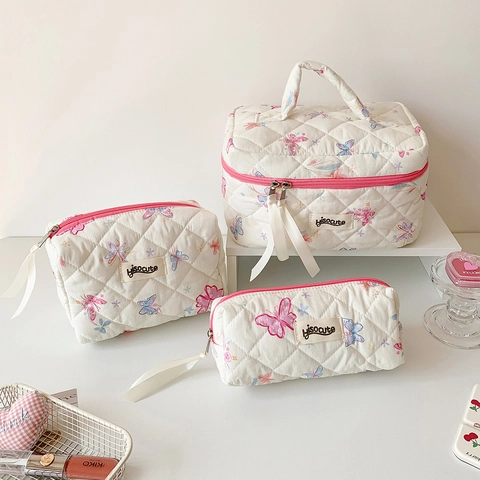 Gesteppte Kosmetiktasche Schmetterlingsdruck Polyester Tragbare Große Kapazität Toilettenartikel Organizer Beutel