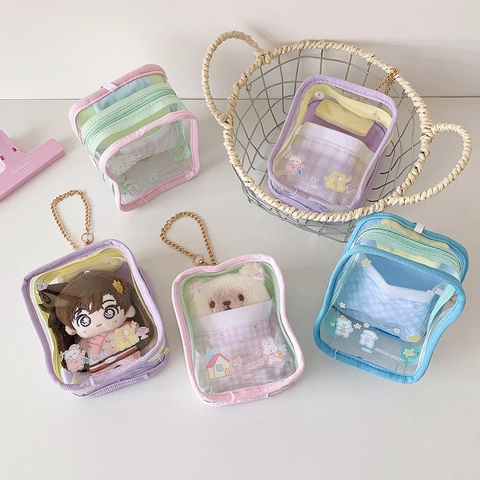Clear Transparent Cartoon Doll Display Storage Bag With Metal Chain Cute PVC Hanging Pouch For Cotton Dolls Guzi Badges