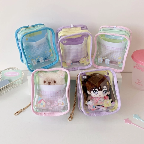 Clear Transparent Cartoon Doll Display Storage Bag With Metal Chain Cute PVC Hanging Pouch For Cotton Dolls Guzi Badges